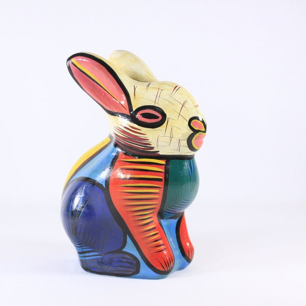 Vintage Mexican Hand Painted Rabbit coin bank, Colorful Folk Art Pottery home decor, Sitting Bunny nursery decor