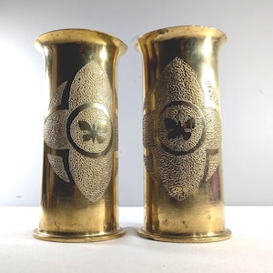 WWI 1917 Trench Art Artillery Shell Vases, solid brass hand hammered butterfly decoration, antique militaria home decor