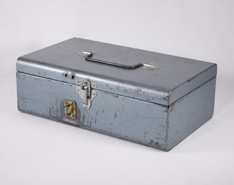 Vintage blue powder coated steel storage box, metal tool box, lock box