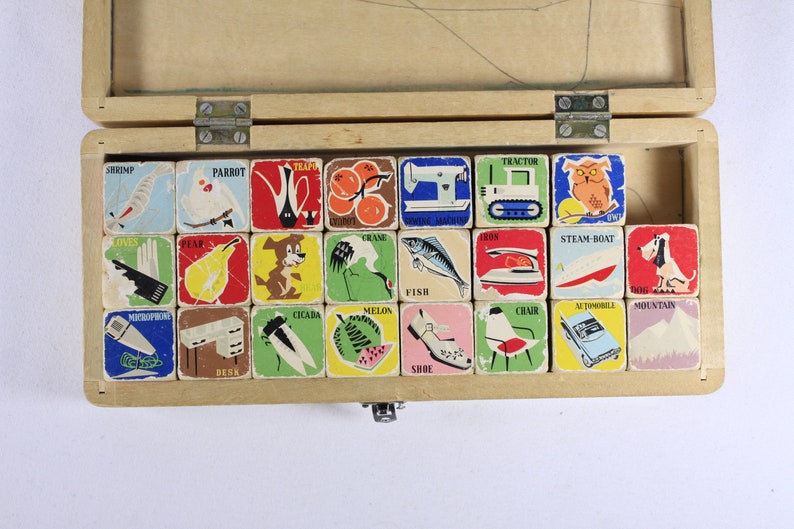 1960s mcm retro Picture Cubes AS IS, WB 260 made in China, alphabet blocks animals items spelling words reading teaching aid image 6