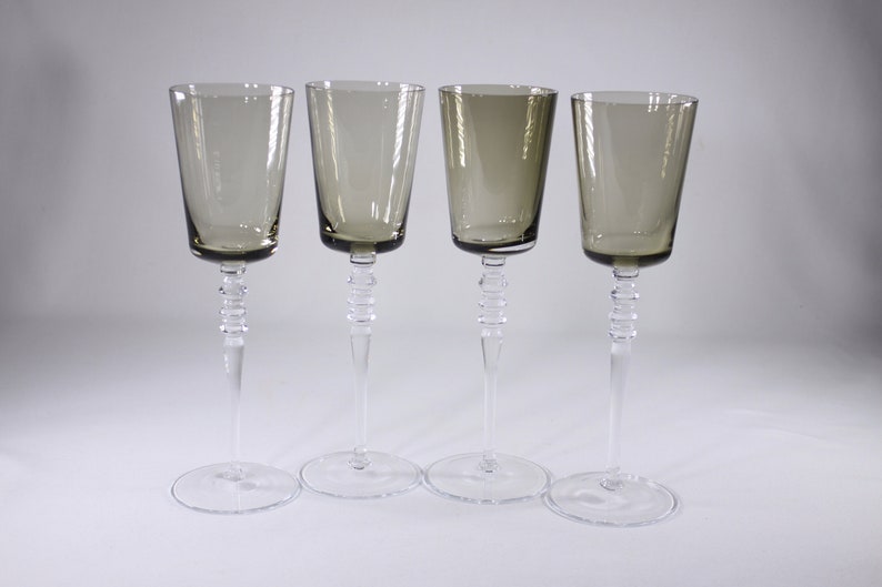 Vintage 10 tall two-tone wine glasses set of 4, smoky glass crystal or glass stemware image 5