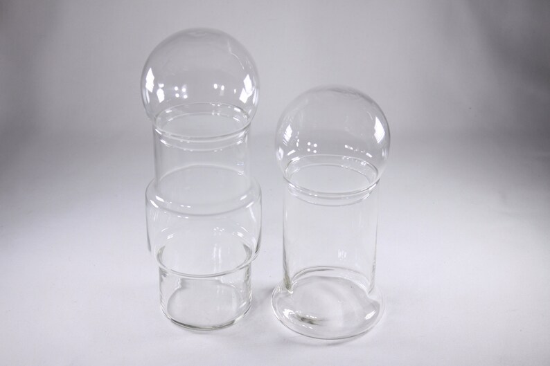 Set of 2 MCM glass storage jars, modernist Scandi blow mold vase decanters image 9