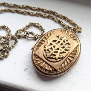 Victorian Monogram Gilt AEI Locket + 18" GF Chain: Antique Stash Pendant, Amity Eternity Infinity