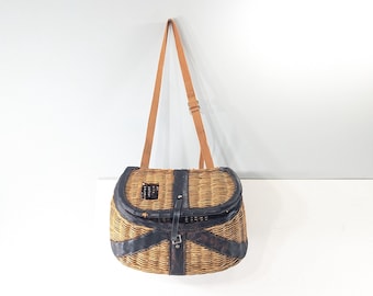Vintage fishing creel ca 1920s willow and leather, fly fishing basket, rustic cabin angler decor
