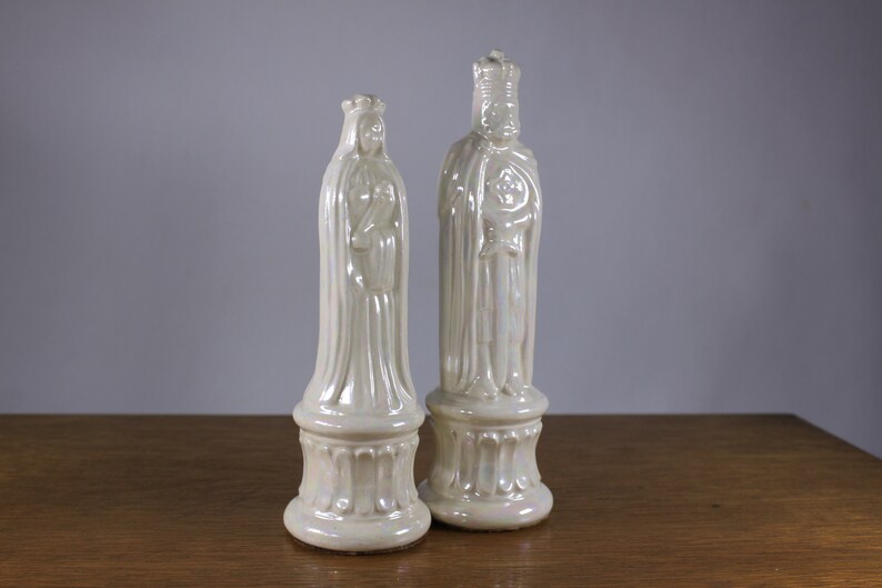 PAIR 66.5 Medieval King and Queen wedding cake toppers pearlescent porcelain, vintage large ceramic chess pieces image 2