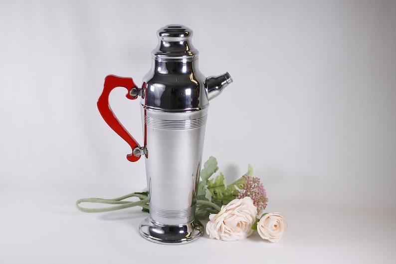 1930s Art deco Chrome cocktail shaker, 13.5 tall pitcher with Cherry Red Bakelite handle image 1