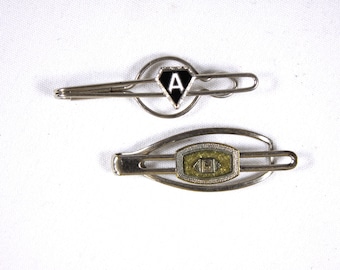 Vintage monogram A or S tie clip, metal and enamel small art deco money clip CHOOSE