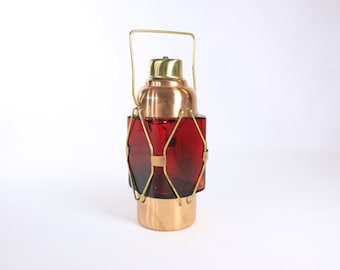 MCM Swedish decanter bottle, Brass Copper and Red Glass Train lantern flask