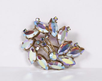 Vintage Aurora Borealis Rhinestone brooch, prong set open back Polar lights AB unsigned Delizza & Elster vintage costume jewelry