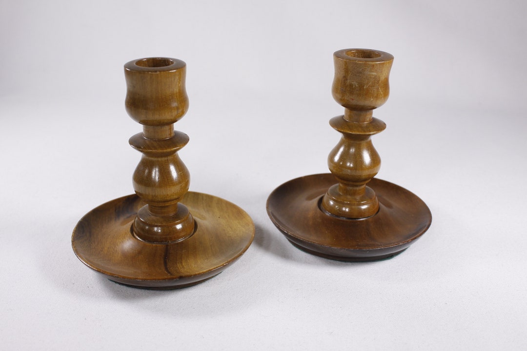 Pair Small Wooden Candlesticks Vintage Candle Stick Holders Etsy