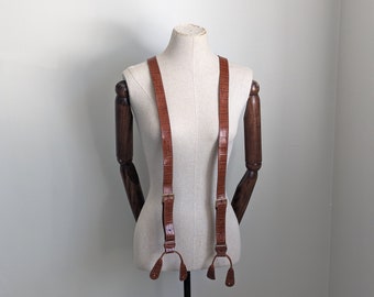 Vintage chestnut brown genuine leather button suspenders, croc embossed luxury gentlemens braces, groom wedding accessory, groomsman gift