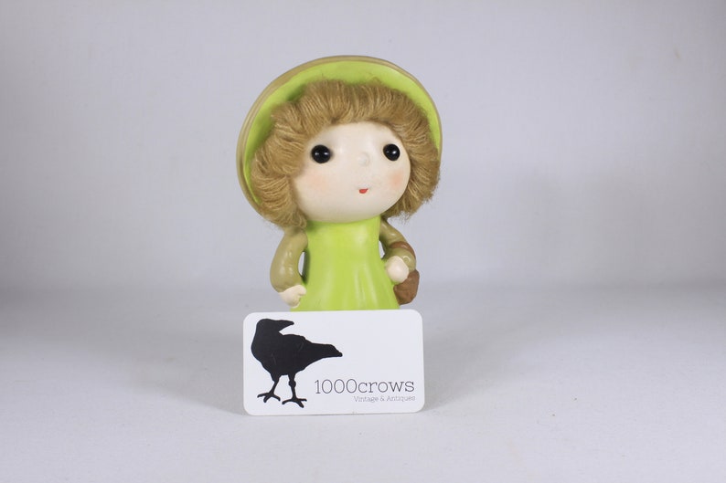 1970s 1980s Chalkware Girl Doll Bank made in Japan, yarn hair vintage coin bank, prairie girls green dress image 3
