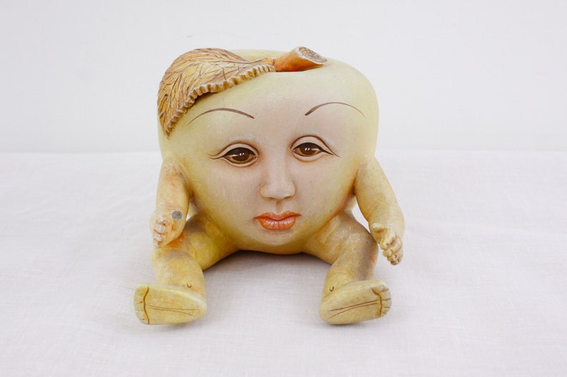 Vintage 'apple boy' surrealist sculpture by Ismael Franco, ceramic surreal art figure image 2