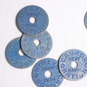 Set of 6 WWII Canada meat rationing tokens, 1945 collectible blue board coins image 1