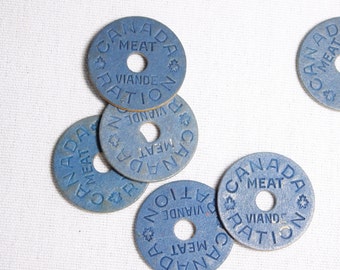 Set of 6 WWII Canada meat rationing tokens, 1945 collectible blue board coins