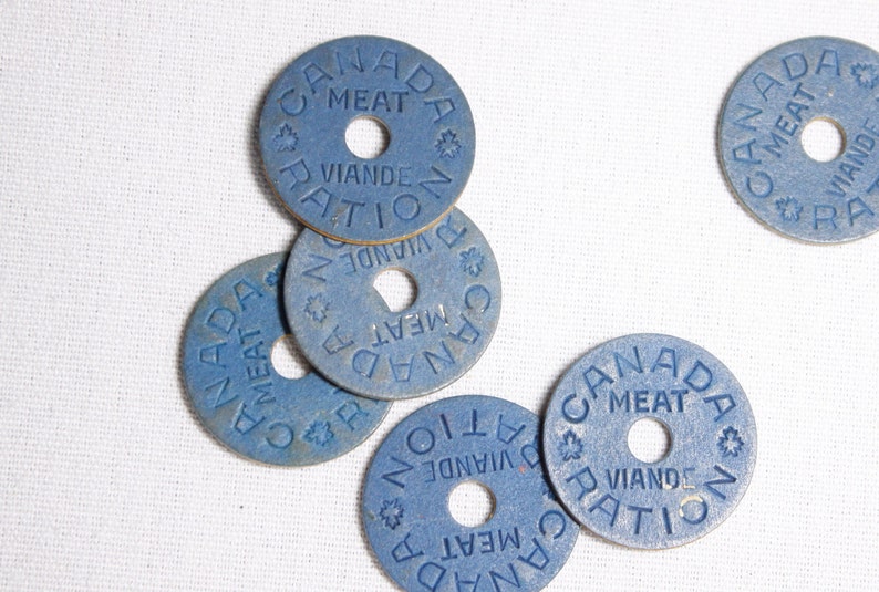 Set of 6 WWII Canada meat rationing tokens, 1945 collectible blue board coins image 1