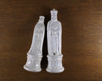 PAIR 6"-6.5" Medieval King and Queen wedding cake toppers pearlescent porcelain, vintage large ceramic chess pieces