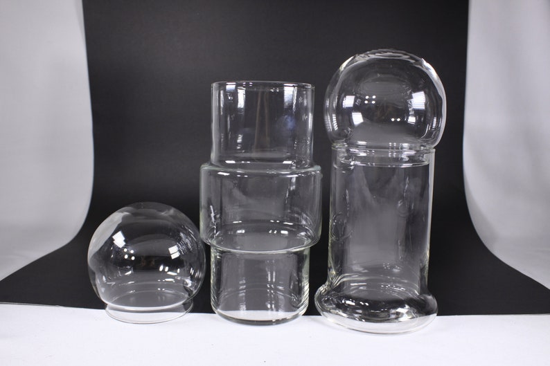 Set of 2 MCM glass storage jars, modernist Scandi blow mold vase decanters image 8