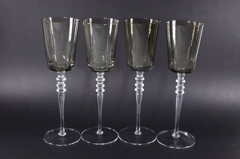 Vintage 10 tall two-tone wine glasses set of 4, smoky glass crystal or glass stemware image 2