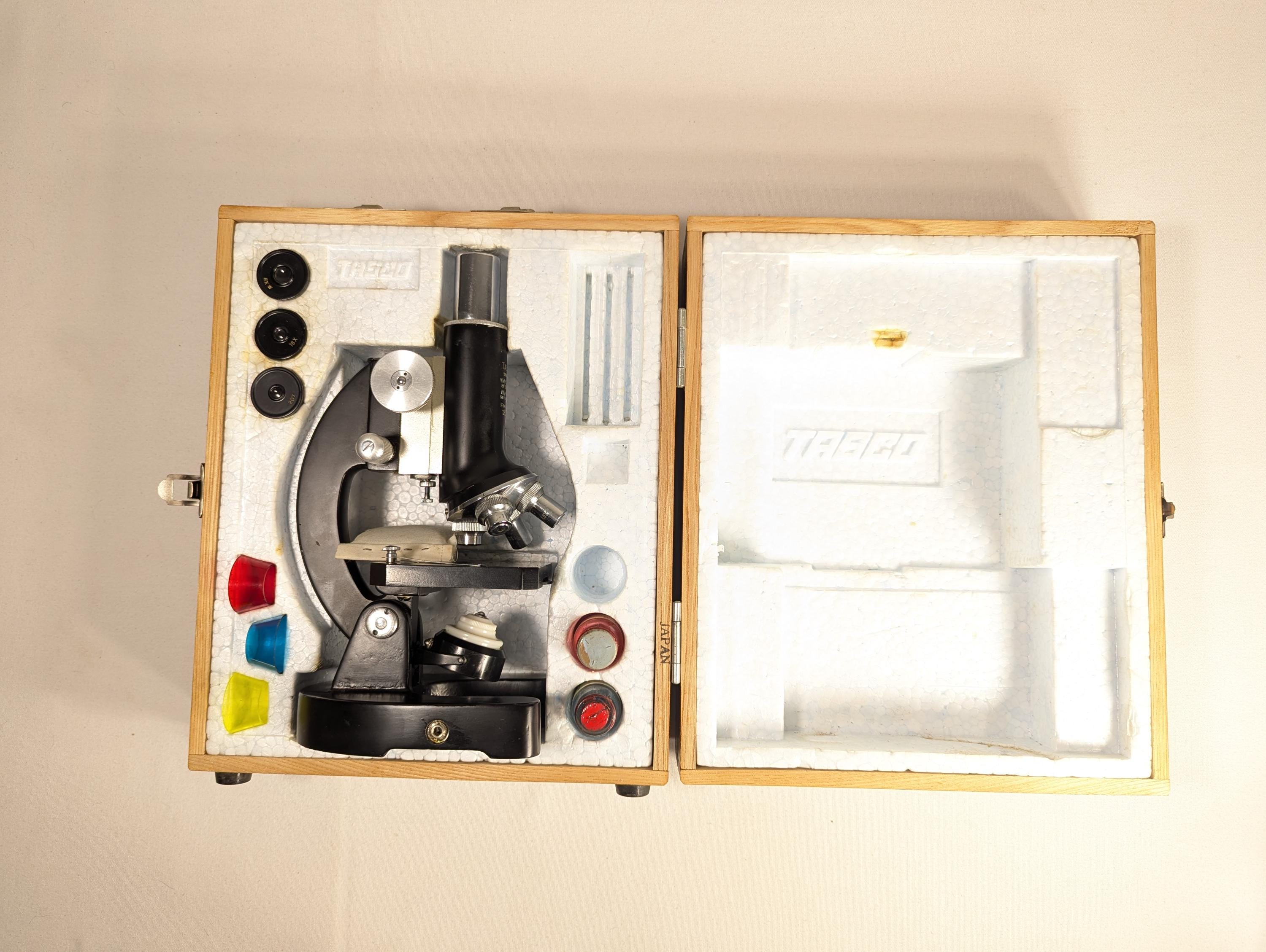 Vintage Black Tasco Deluxe High Quality Microscope in Wooden Case