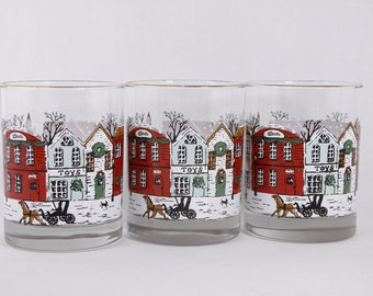 Vintage set of 3 Lynns China Libbey lowball glasses Christmas Winter Village, short drinking glass, holiday glasses horses sleigh carriage