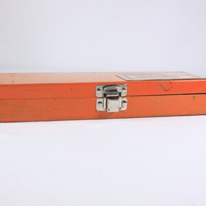 Vintage Orange metal toolbox, small parts storage organizing box, metal pencil box image 3