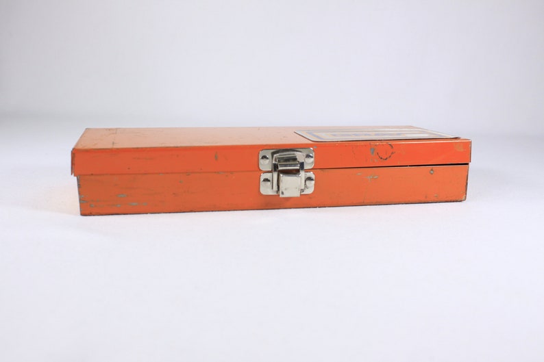 Vintage Orange metal toolbox, small parts storage organizing box, metal pencil box image 3