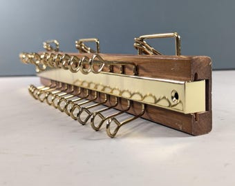 Short Vintage wood and brass tie rack, 24 peg belt holder, wall hanging jewelry necklace organizer