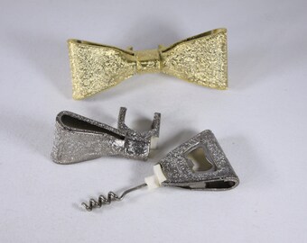 Vintage Bow Tie clip-on Champagne bottle decoration, hidden wine beer bottle opener and corkscrew, clip-on plastic Bow Tie silver or Gold