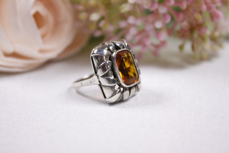 Vintage sterling silver orange boho cocktail ring, warm honey statement ring, leaf edges image 4