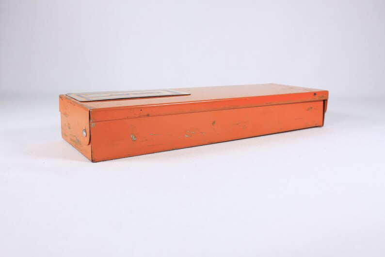 Vintage Orange metal toolbox, small parts storage organizing box, metal pencil box image 2