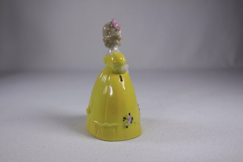 Vintage figurative porcelain hand bell, 4 porcelain girl figurine, young girl in yellow dress hand bell, Flower girl bell image 5