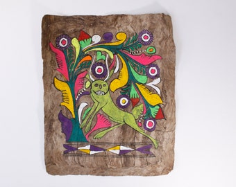 Peinture sur papier d'écorce d'art folklorique mexicain vintage bête mythique, art sur écorce d'Amate sans cadre