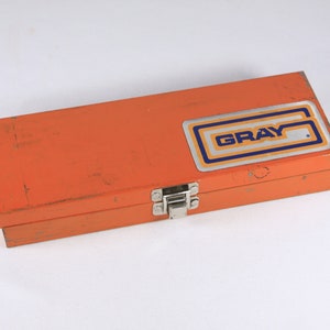 Vintage Orange metal toolbox, small parts storage organizing box, metal pencil box image 1