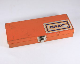 Vintage Orange metal toolbox, small parts storage organizing box, metal pencil box