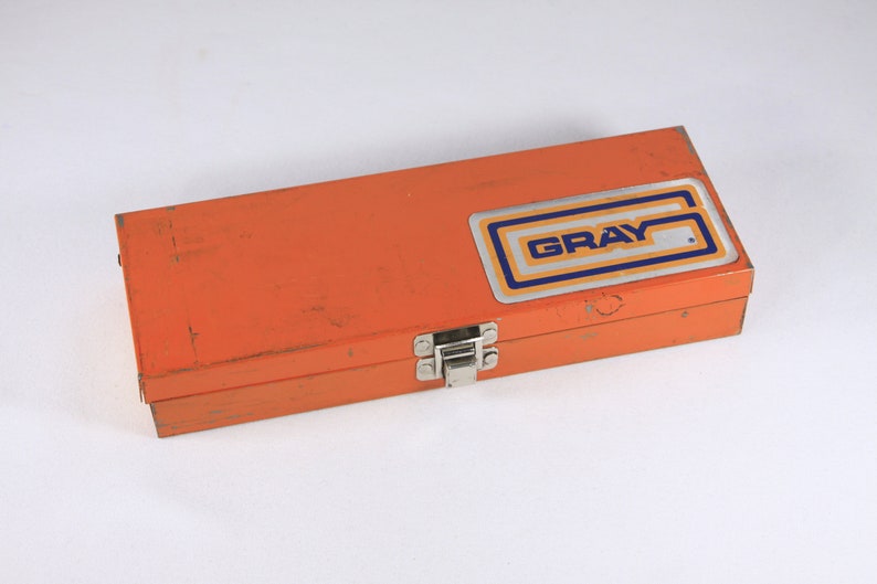 Vintage Orange metal toolbox, small parts storage organizing box, metal pencil box image 1