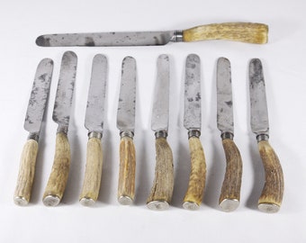 Antique 19th C Joseph Rodgers & Sons antler / stag handle dinner knives set (8) and bread knife with monogram L or I