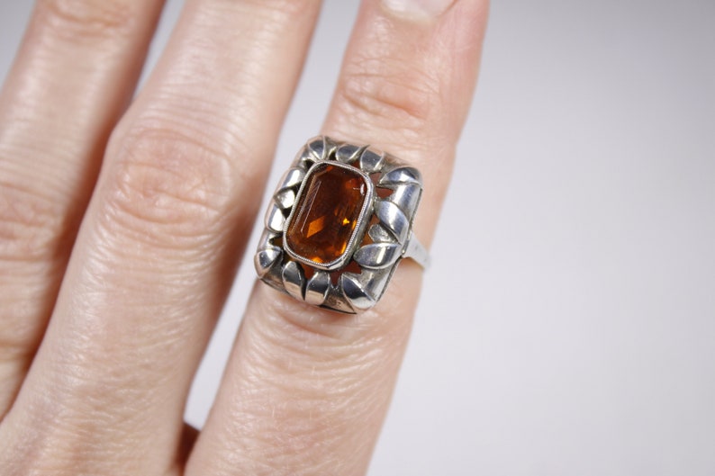 Vintage sterling silver orange boho cocktail ring, warm honey statement ring, leaf edges image 1