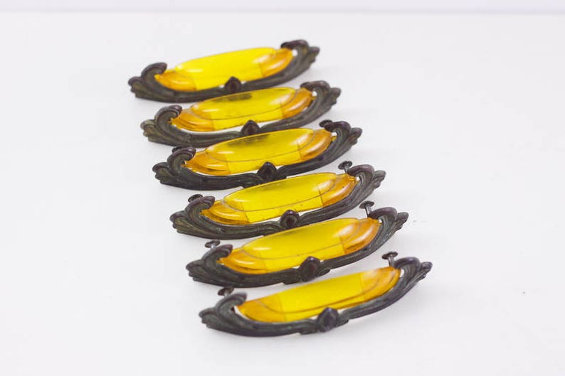 Orange bakelite Art Deco drawer pull sunburst bakelite on brassed copper drawer handles
