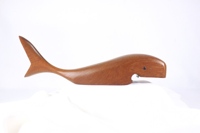 Large teak whale bottle opener, mid century modern bar wares, nautical home decor image 2