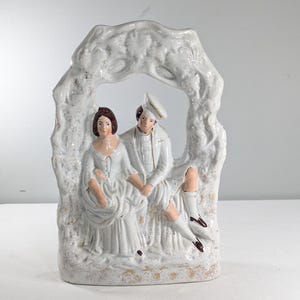 Antique Ceramic Staffordshire Flatback Figurine, Courting Couple Under Arbor