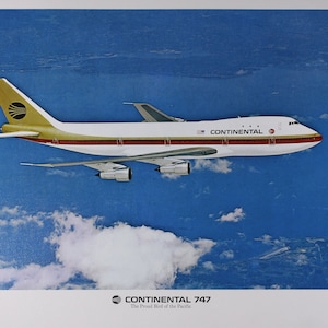 1970s Continental Airlines Boeing 747 airplane travel poster 16x20&quot;, vintage airline advertisement, aircraft wall art