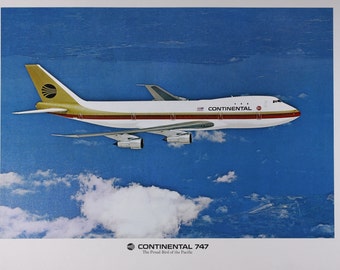 1970s Continental Airlines Boeing 747 airplane travel poster 16x20", vintage airline advertisement, aircraft wall art