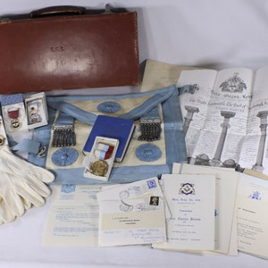 Vintage 1960s English Master Freemason regalia collection, includes suitcase apron medals certificate paperwork image 1