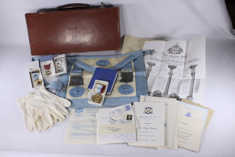 Vintage 1960s English Master Freemason regalia collection, includes suitcase apron medals certificate paperwork image 1