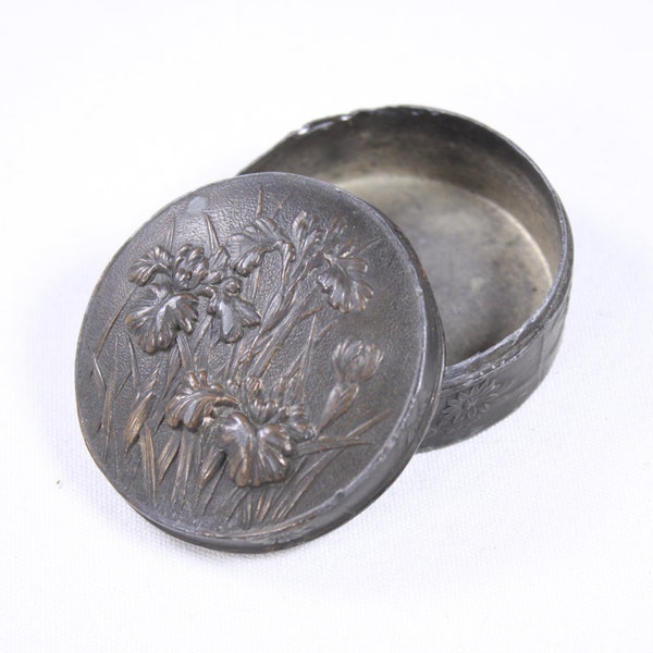 Antique Japanese repousse metal trinket box Iris / Chrysanthemum, Waterside pill box, snuff box