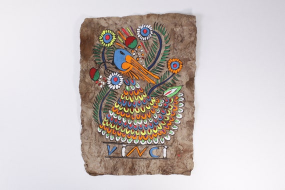 Vintage Mexican Folk Art Bark Paper Painting Peacock VINCI Amate  
