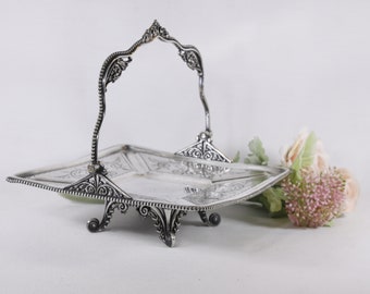 Antique Meriden Company Silver plated cake plate, brides basket sweets serving dish, fruit basket, Victorian card tray with swing handle