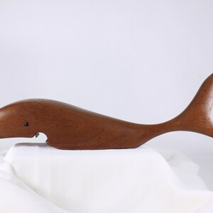 Large teak whale bottle opener, mid century modern bar wares, nautical home decor image 1