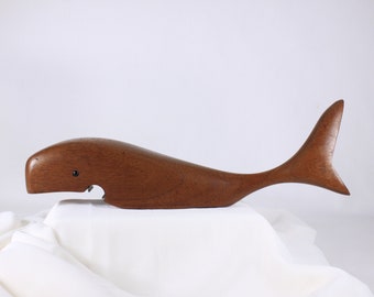 Large teak whale bottle opener, mid century modern bar wares, nautical home decor